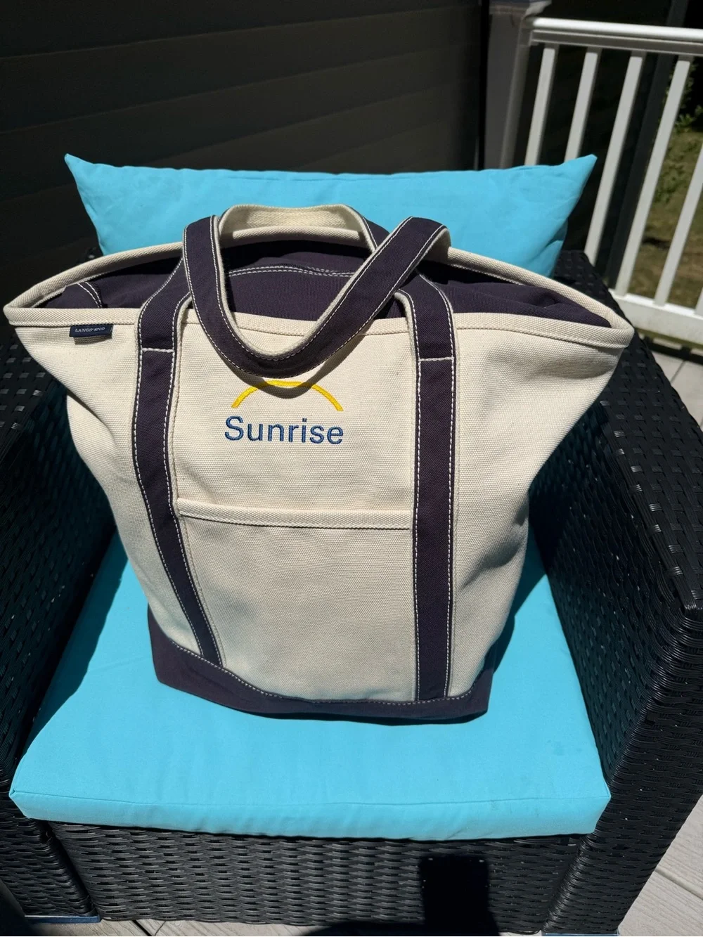 Large Lands' End Canvas Tote in Cream and Navy with Sunrise Logo